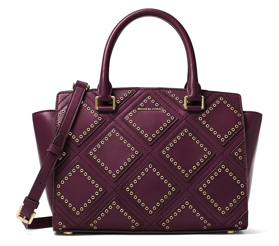 Michael Kors Selma Medium Diamond Grommet Leather Satchel Plum
