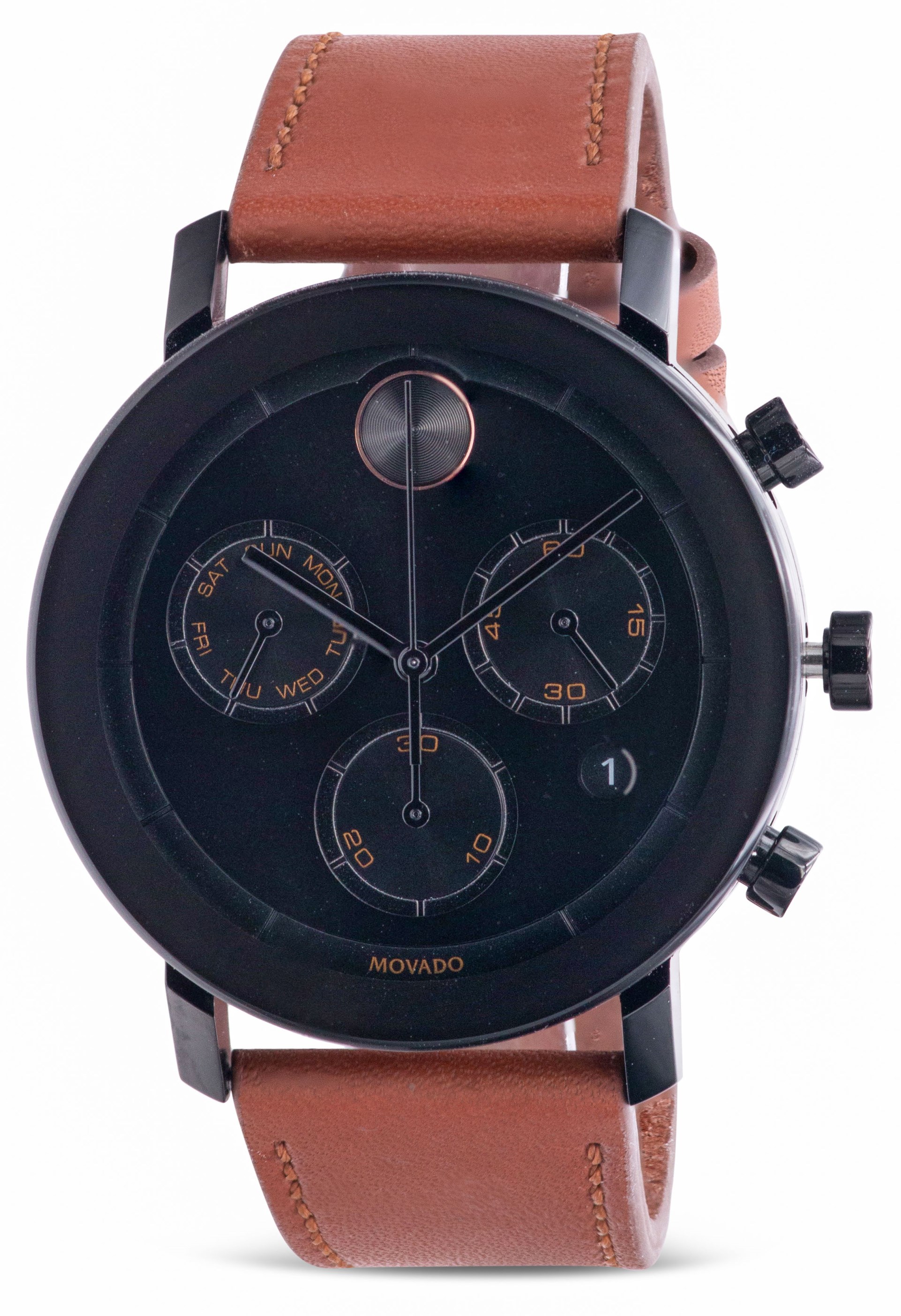Pre-owned Movado Bold Evolution Black Ion Chronograph Cognac Brown Leather Mens Watch