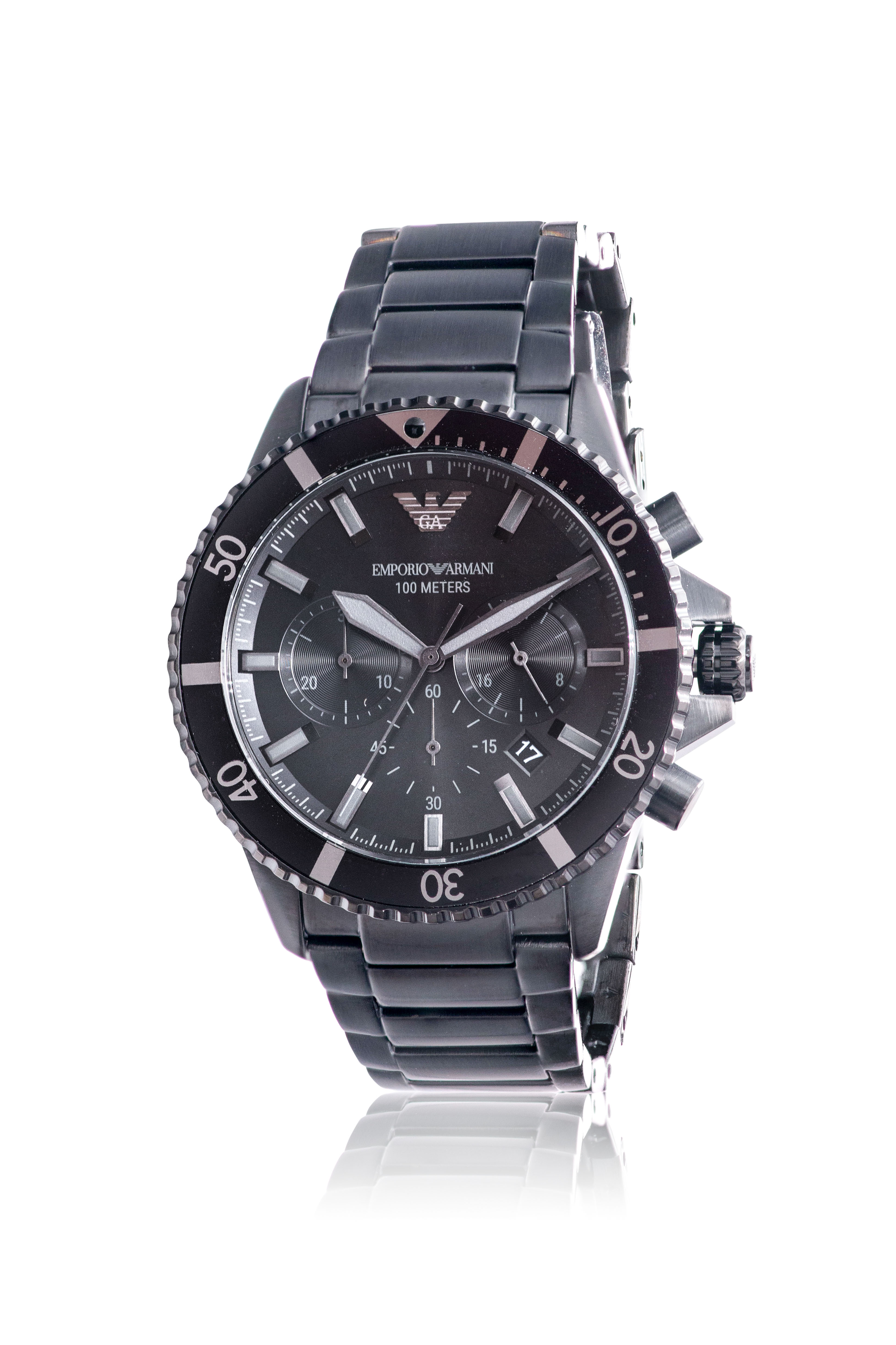 Pre-owned Emporio Armani Diver Black Stainless Steel Chronograph Mens Watch Ar11363