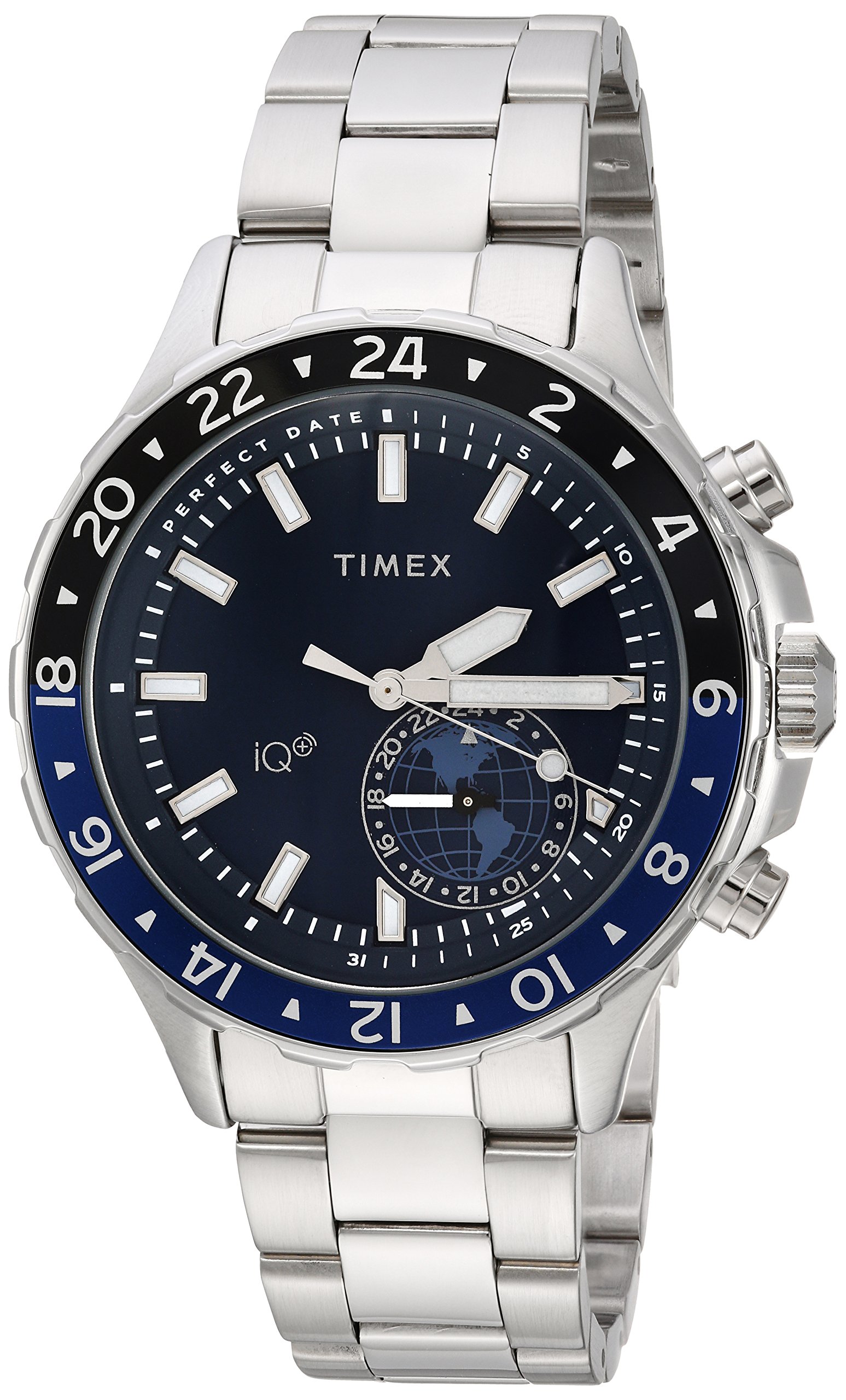 Timex Mens IQ+ Move Multi-Time Silver-Tone/Blue Stainless Steel Bracelet Watch TW2R39700