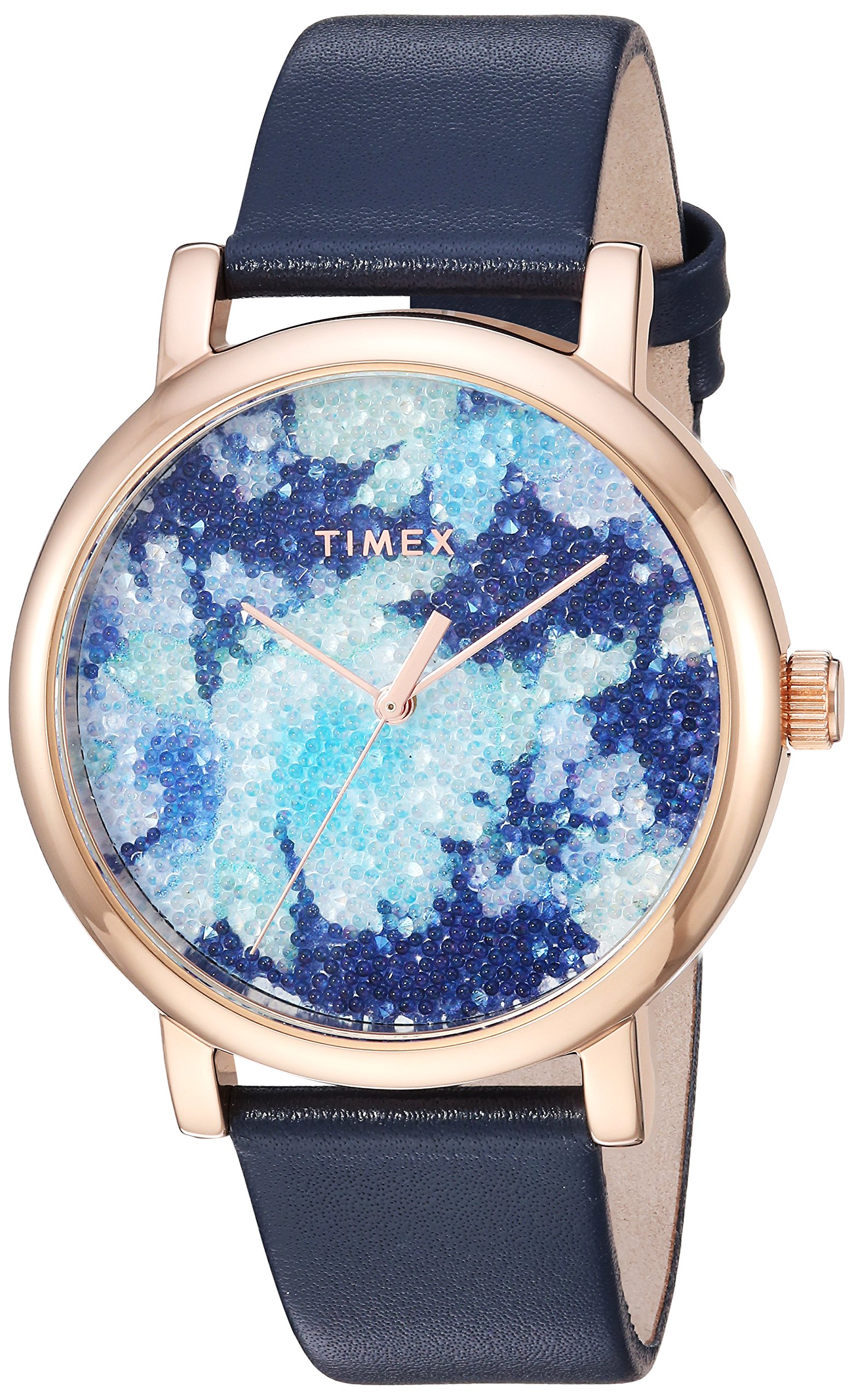 Timex Womens Crystal Bloom Blue/Rose Gold Floral Leather Strap Watch TW2R66400