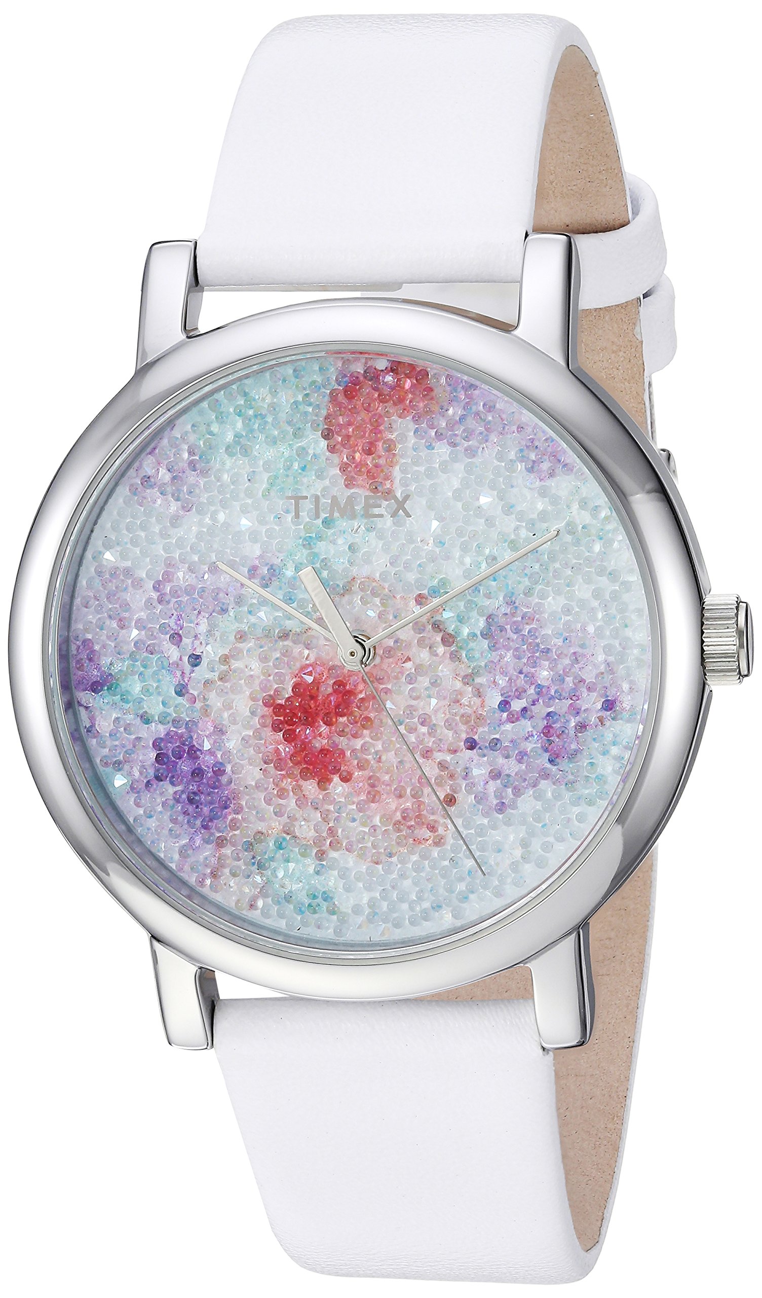 Timex Womens Crystal Bloom White/Silver Floral Leather Strap Watch TW2R66500