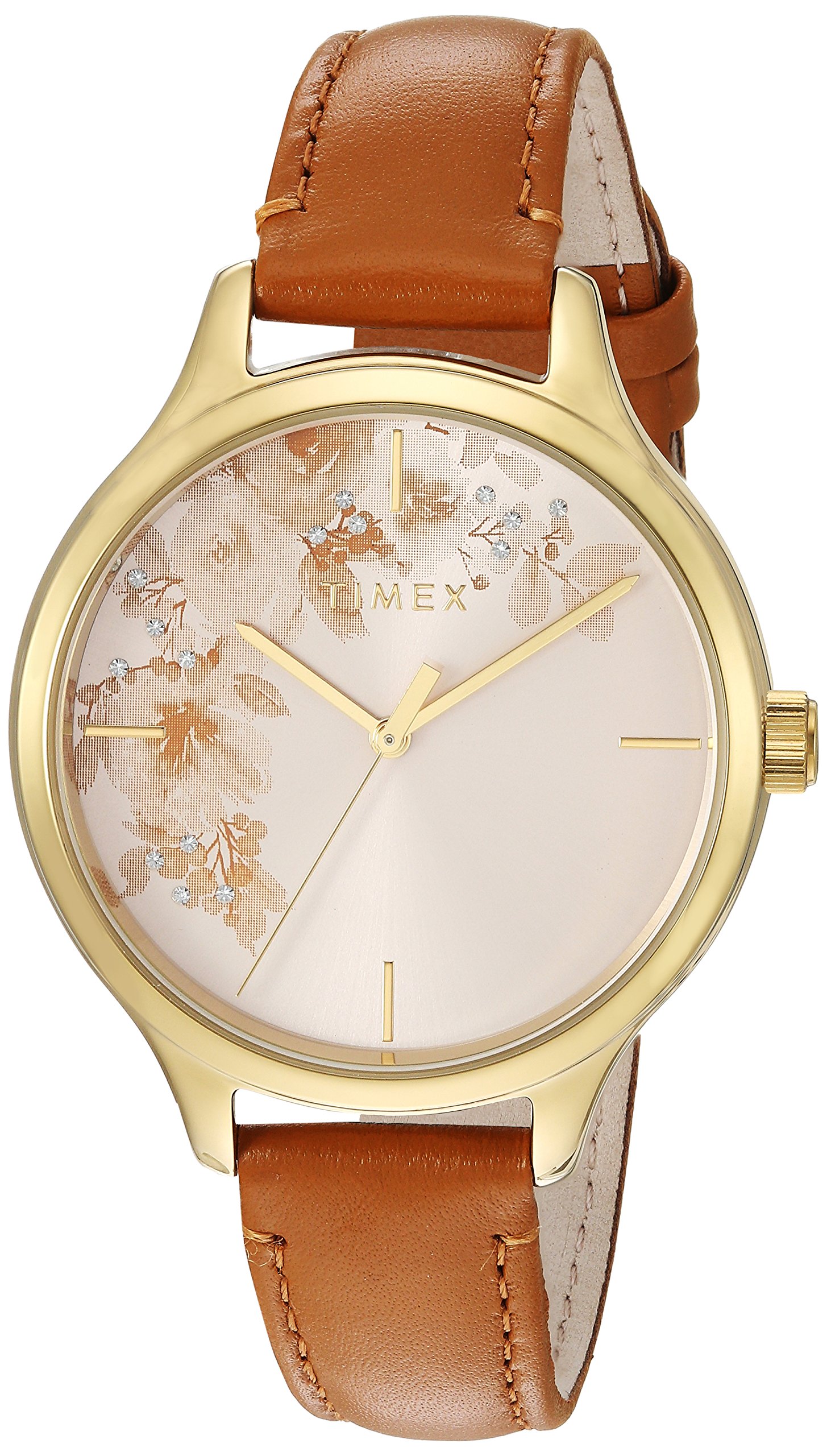 Timex Womens Crystal Bloom Tan/Gold Floral Accent Leather Strap Watch TW2R66900